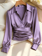 Kelda | Women's Ruched Waist V-Neck Satin Blouse