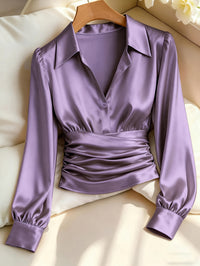Kelda | Women's Ruched Waist V-Neck Satin Blouse