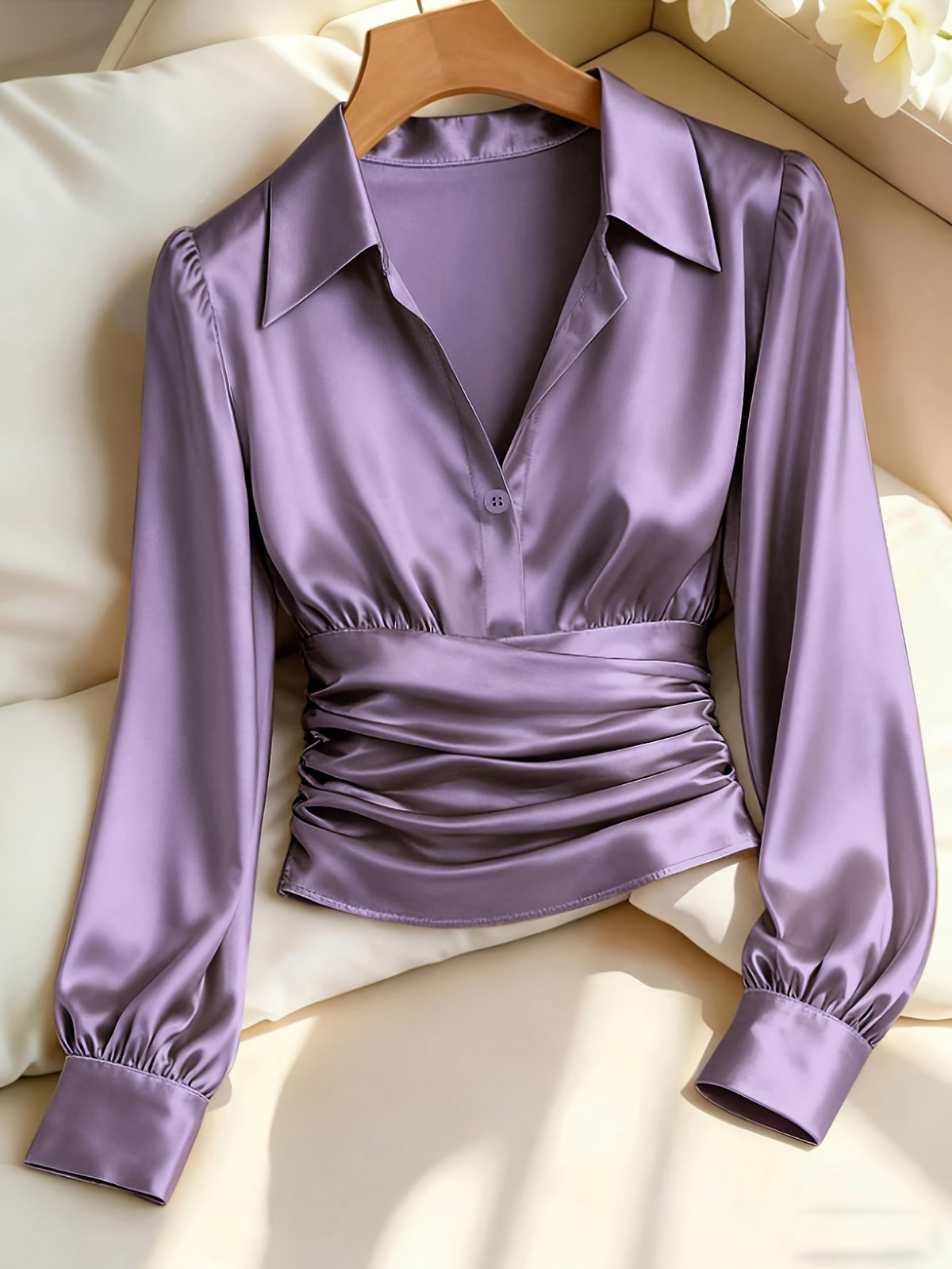 Kelda | Women's Ruched Waist V-Neck Satin Blouse