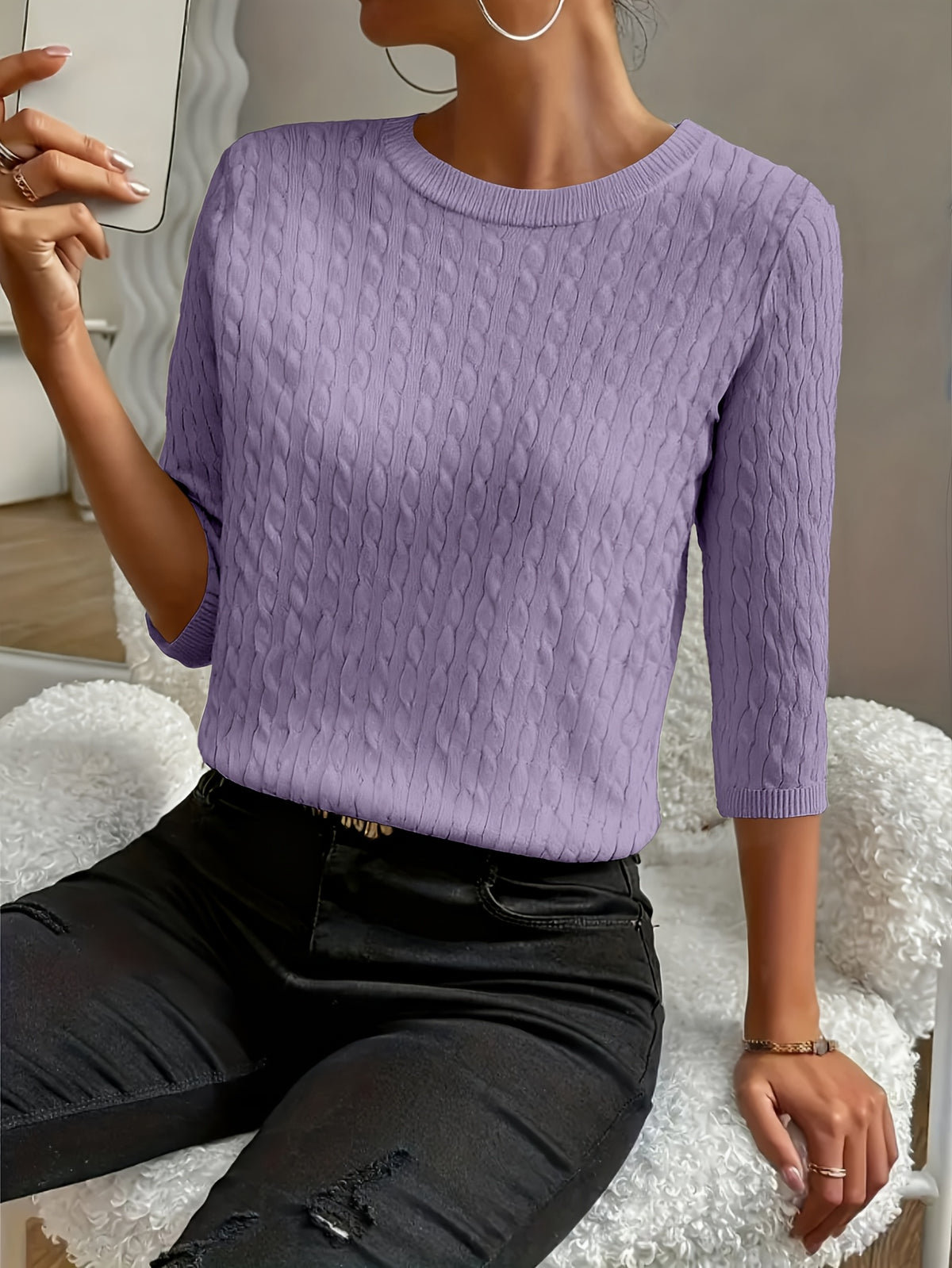Kristin | Women's Ribbed Crew Neck Three-Quarter Sleeve Sweater