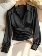 Kelda | Women's Ruched Waist V-Neck Satin Blouse
