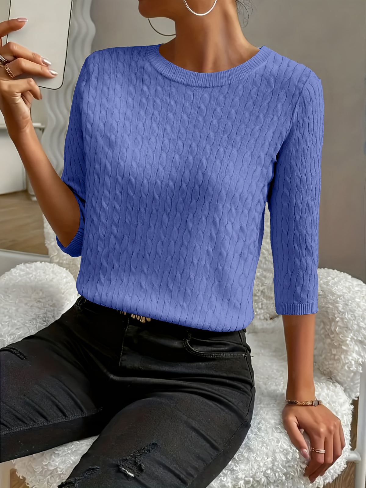 Kristin | Women's Ribbed Crew Neck Three-Quarter Sleeve Sweater