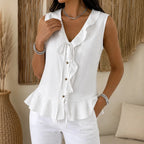 Leontine | Women's Ruffle V-Neck Peplum Blouse with Bow Tie