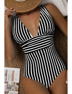 Gemma | Women's V-Neck Striped One-Piece Swimsuit
