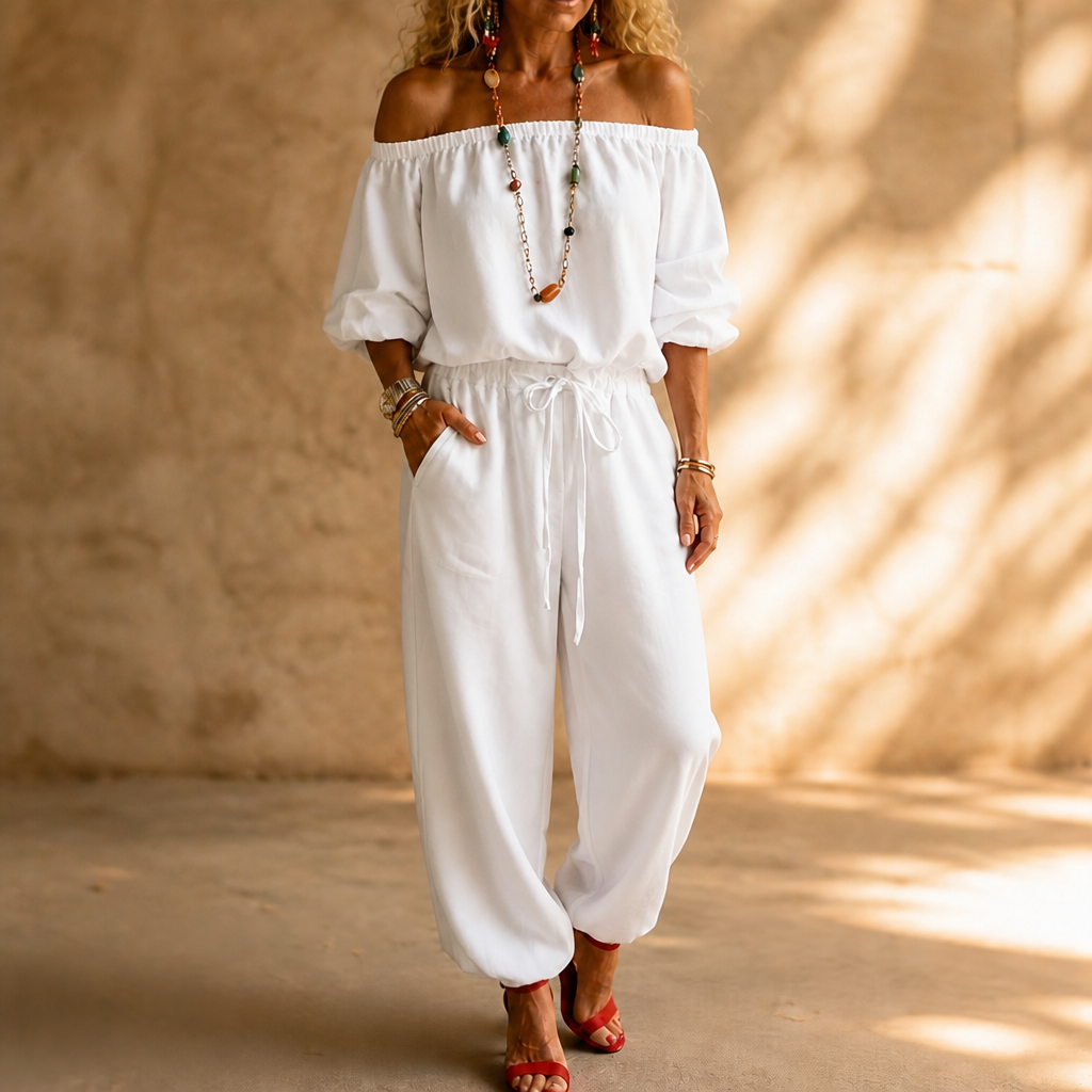 Rita | Women's Off-Shoulder Belted Jumpsuit with Ankle Cuff