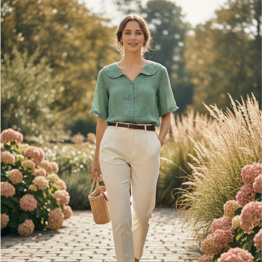 Thalia | Women's Button Front V-Neck Vintage Blouse