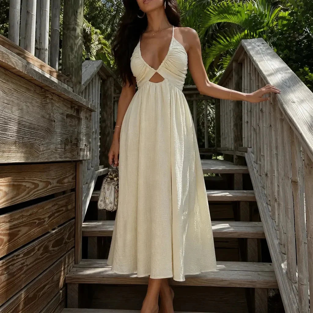 Leila | Women's Halter V-Neck Cutout Maxi Dress with Slit