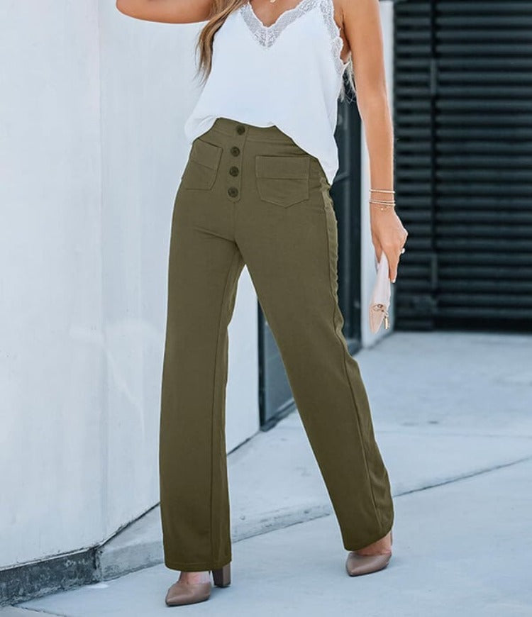 Nadia | Women's High-Waist Wide-Leg Trousers with Button Front