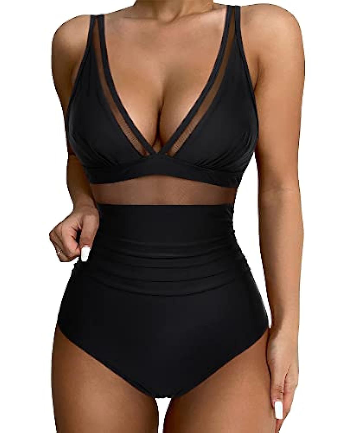 Allegra | Women's High-Waisted Push-Up One-Piece Swimsuit with Mesh Trim