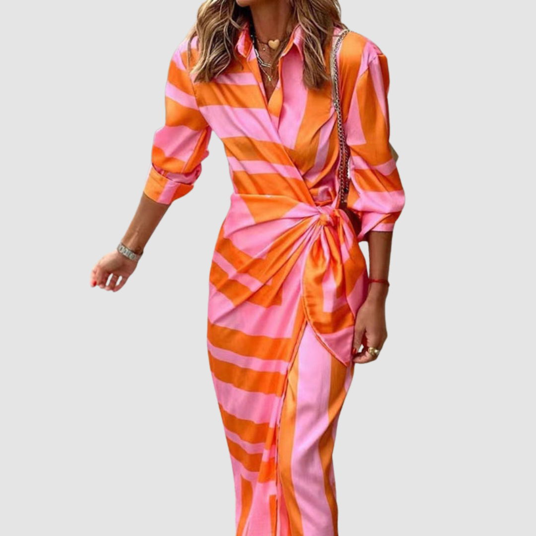 Elsa | Women's Striped V-Neck Midi Dress Button Front