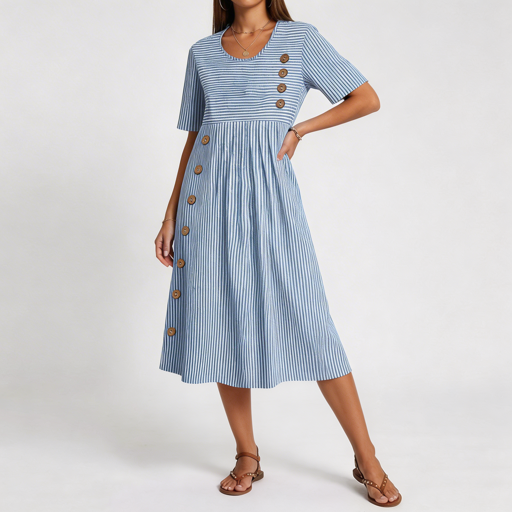 Juno | Women's Striped Midi Dress with Pockets