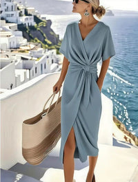 Lena | Women's V-Neck Wrap Midi Dress - Casual Outings