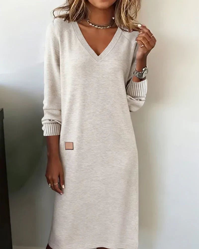 Janne | Women's V-Neck Midi Dress with Long Sleeve