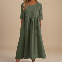 Franka | Women's Gathered-Waist Midi Dress Round Neck