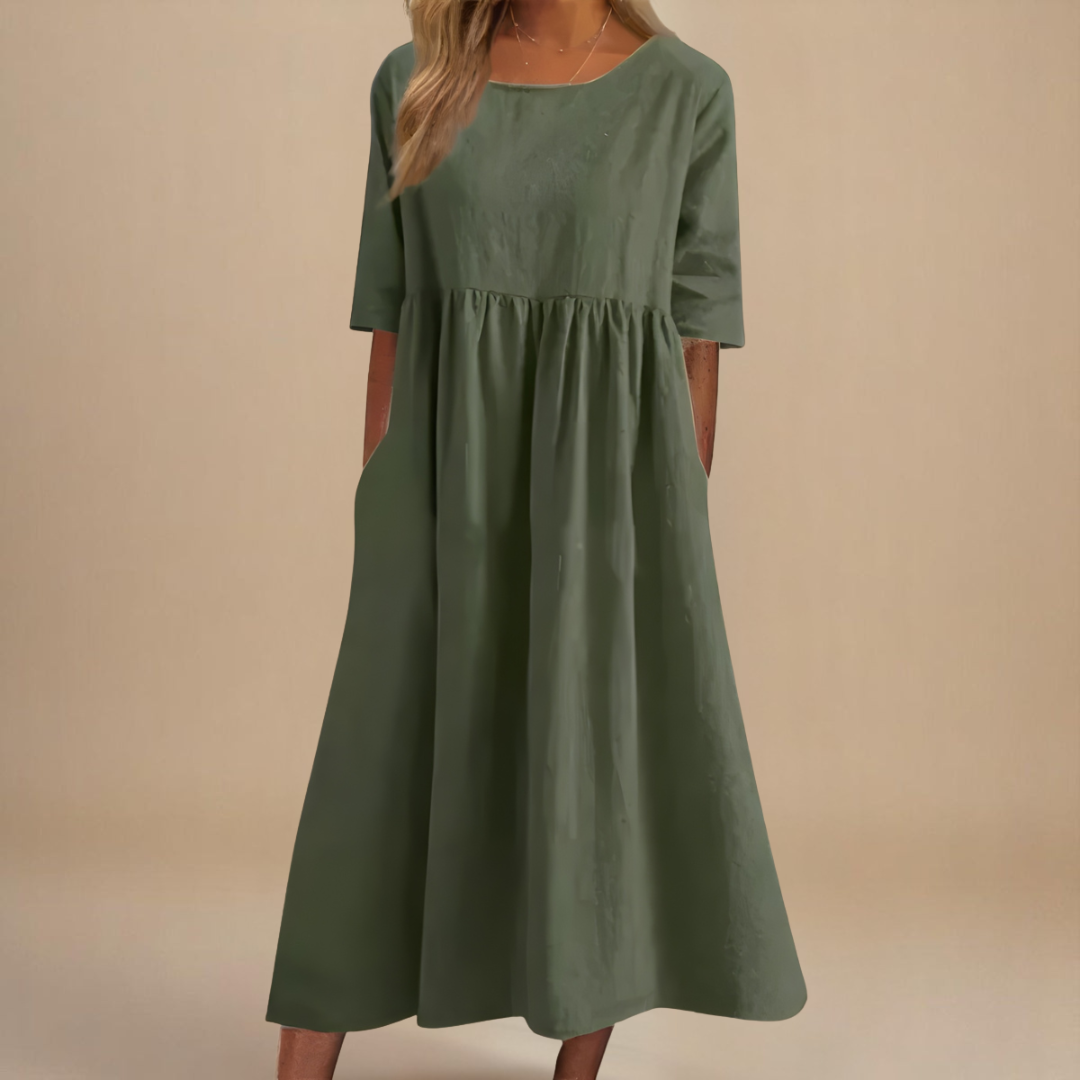 Franka | Women's Gathered-Waist Midi Dress Round Neck
