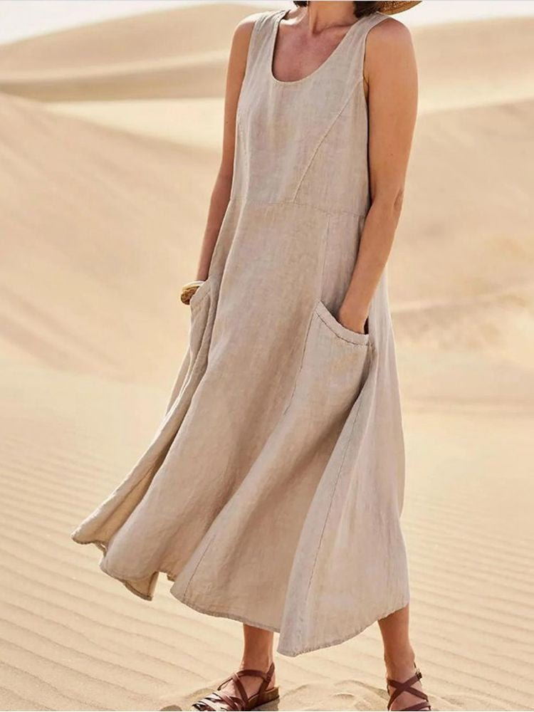Sabine | Women's Scoop-Neck Sleeveless Midi Dress with Pockets