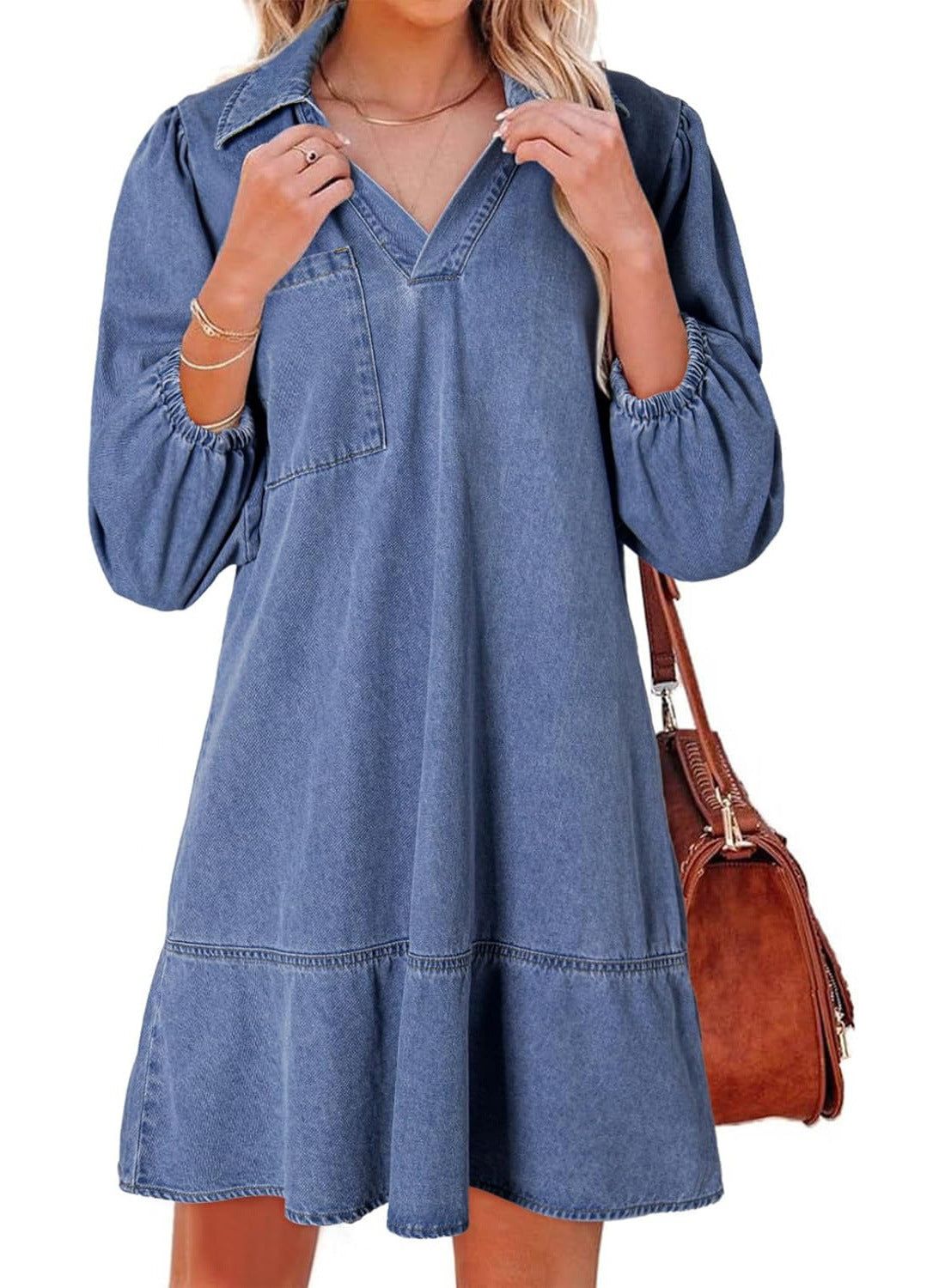 Solveig | Women's V-Neck Puff Sleeve Babydoll Dress