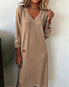Janne | Women's V-Neck Midi Dress with Long Sleeve