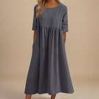 Franka | Women's Gathered-Waist Midi Dress Round Neck