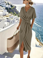 Lena | Women's V-Neck Wrap Midi Dress - Casual Outings