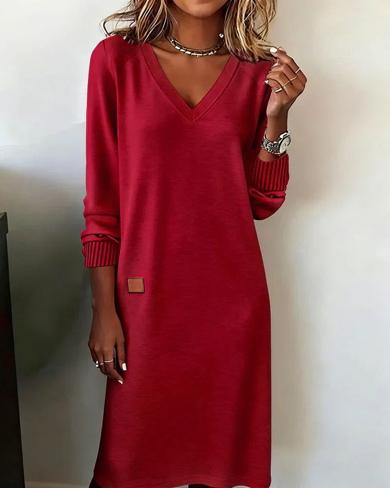 Janne | Women's V-Neck Midi Dress with Long Sleeve