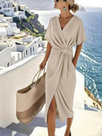 Lena | Women's V-Neck Wrap Midi Dress - Casual Outings
