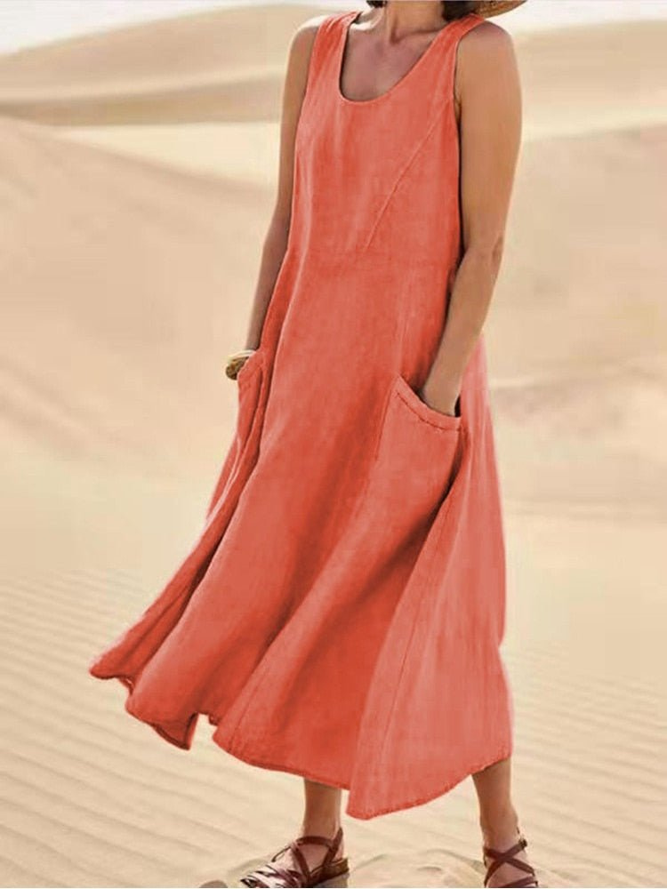 Sabine | Women's Scoop-Neck Sleeveless Midi Dress with Pockets
