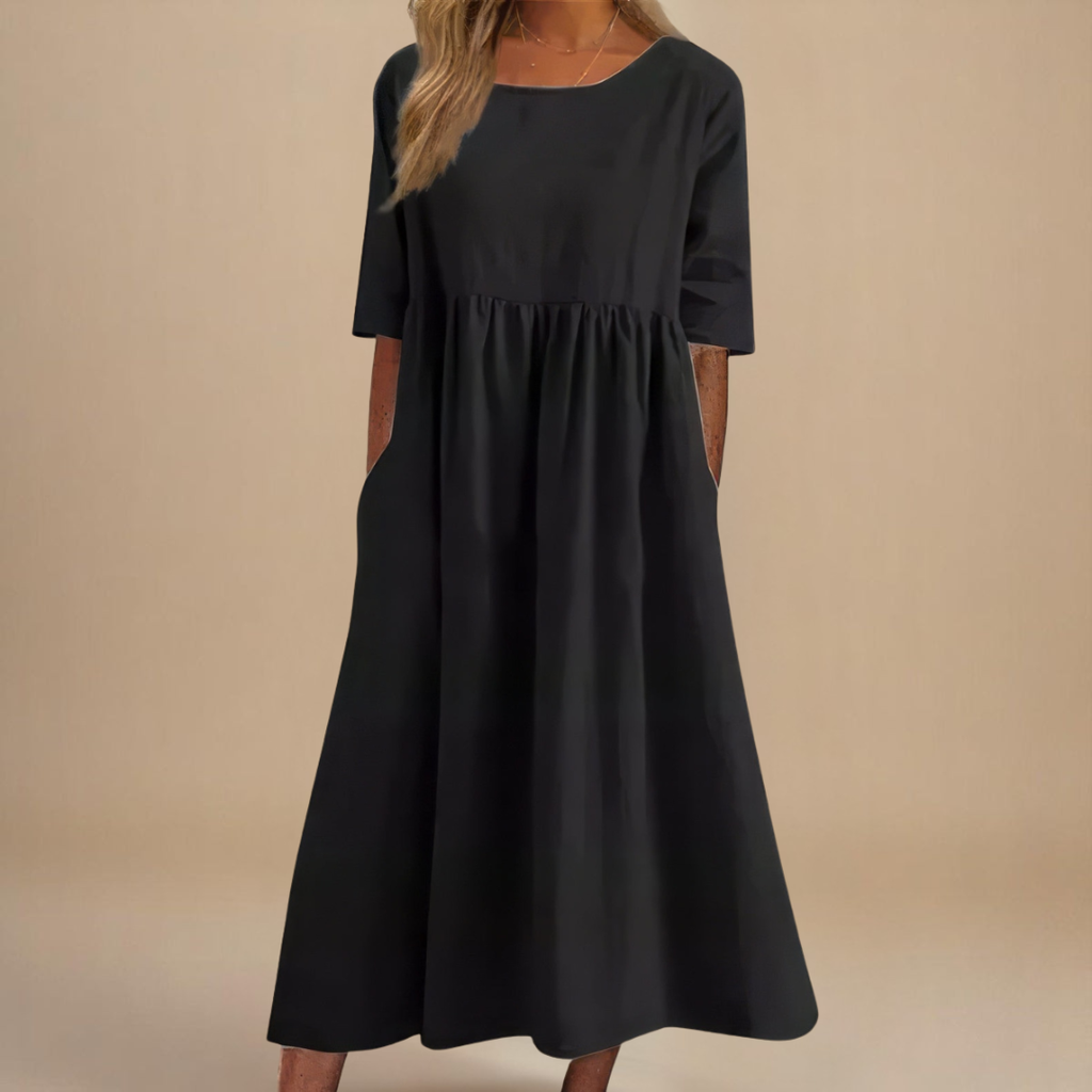 Franka | Women's Gathered-Waist Midi Dress Round Neck