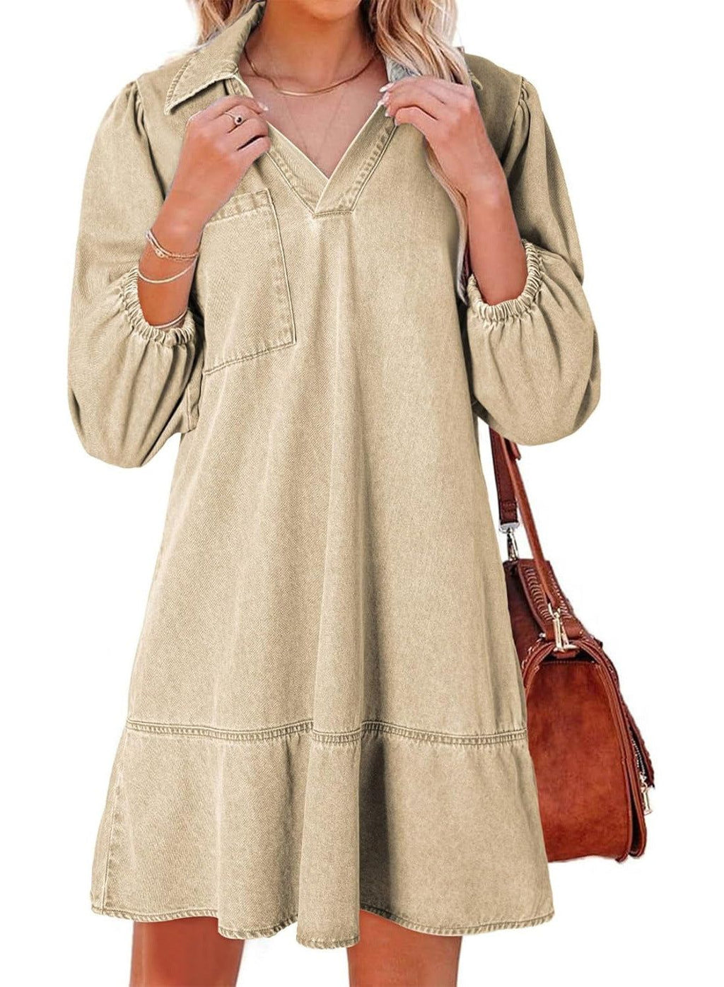 Solveig | Women's V-Neck Puff Sleeve Babydoll Dress
