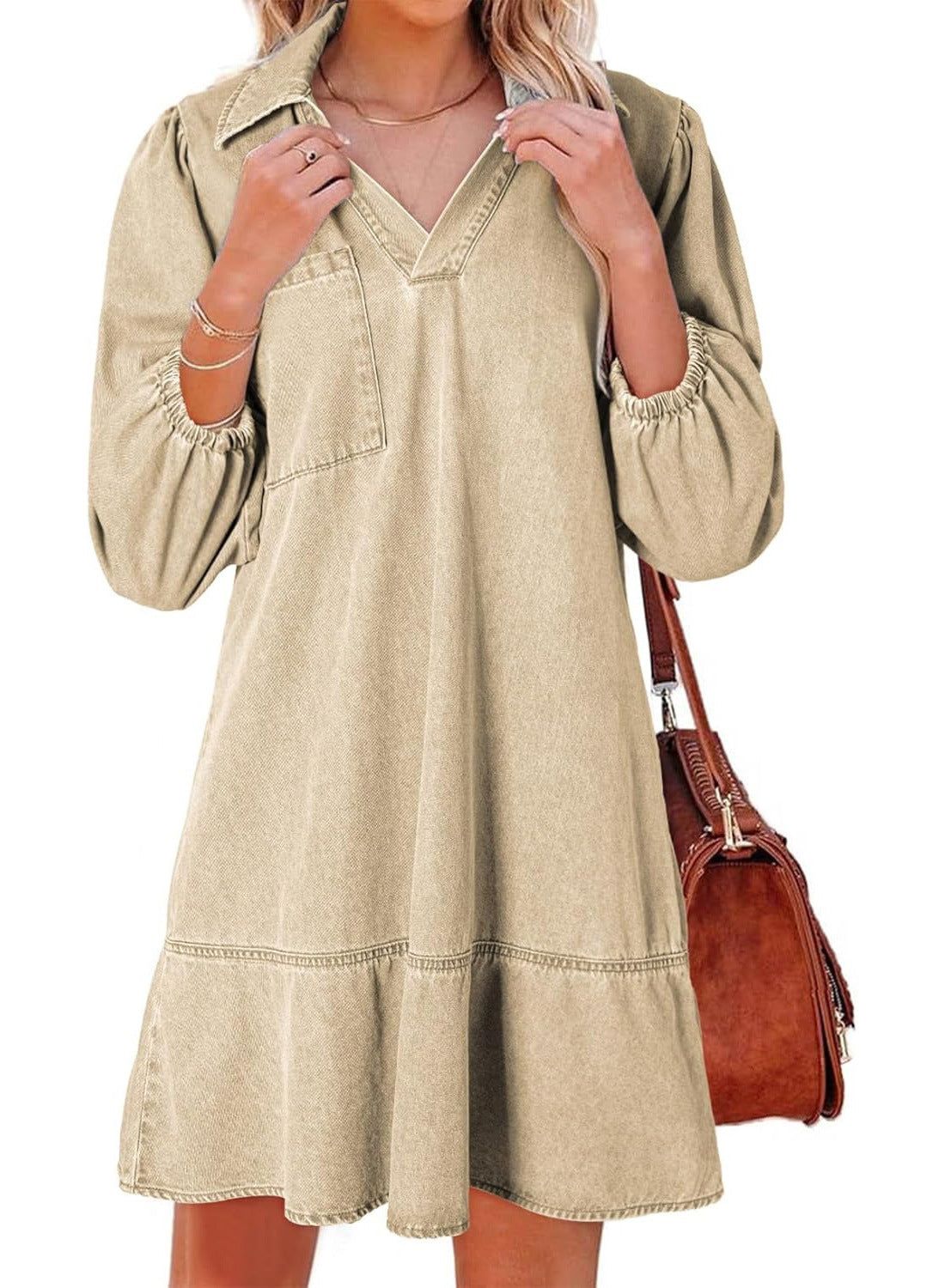 Solveig | Women's V-Neck Puff Sleeve Babydoll Dress