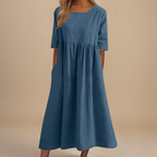 Franka | Women's Gathered-Waist Midi Dress Round Neck