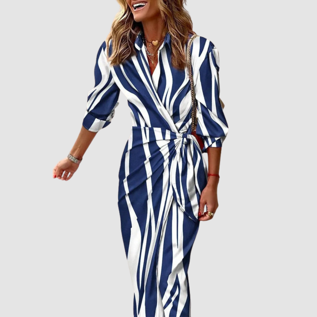 Elsa | Women's Striped V-Neck Midi Dress Button Front