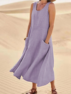 Sabine | Women's Scoop-Neck Sleeveless Midi Dress with Pockets