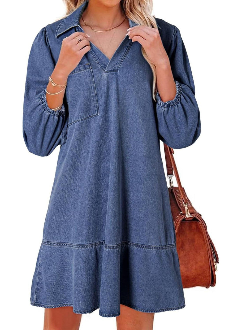 Solveig | Women's V-Neck Puff Sleeve Babydoll Dress