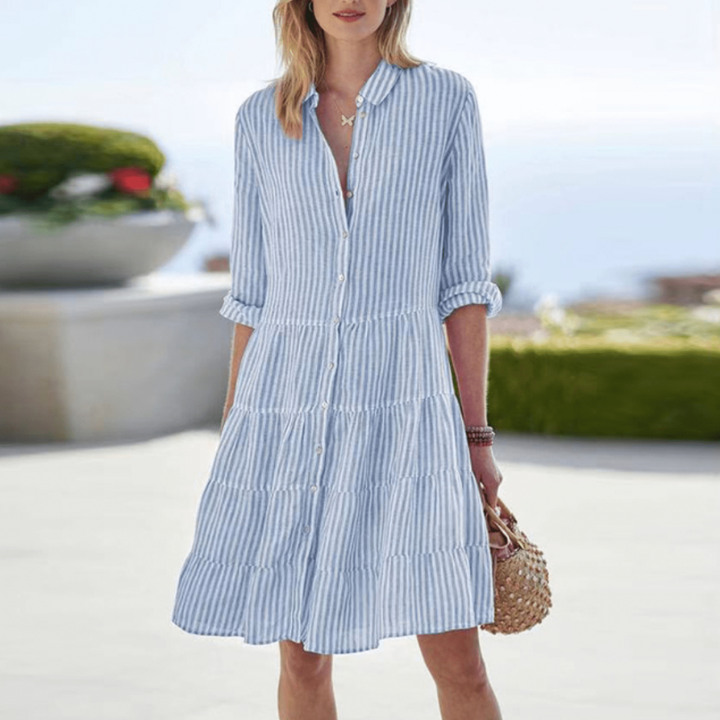 Gabrielle | Women's Striped Collared Tiered Shirt Dress