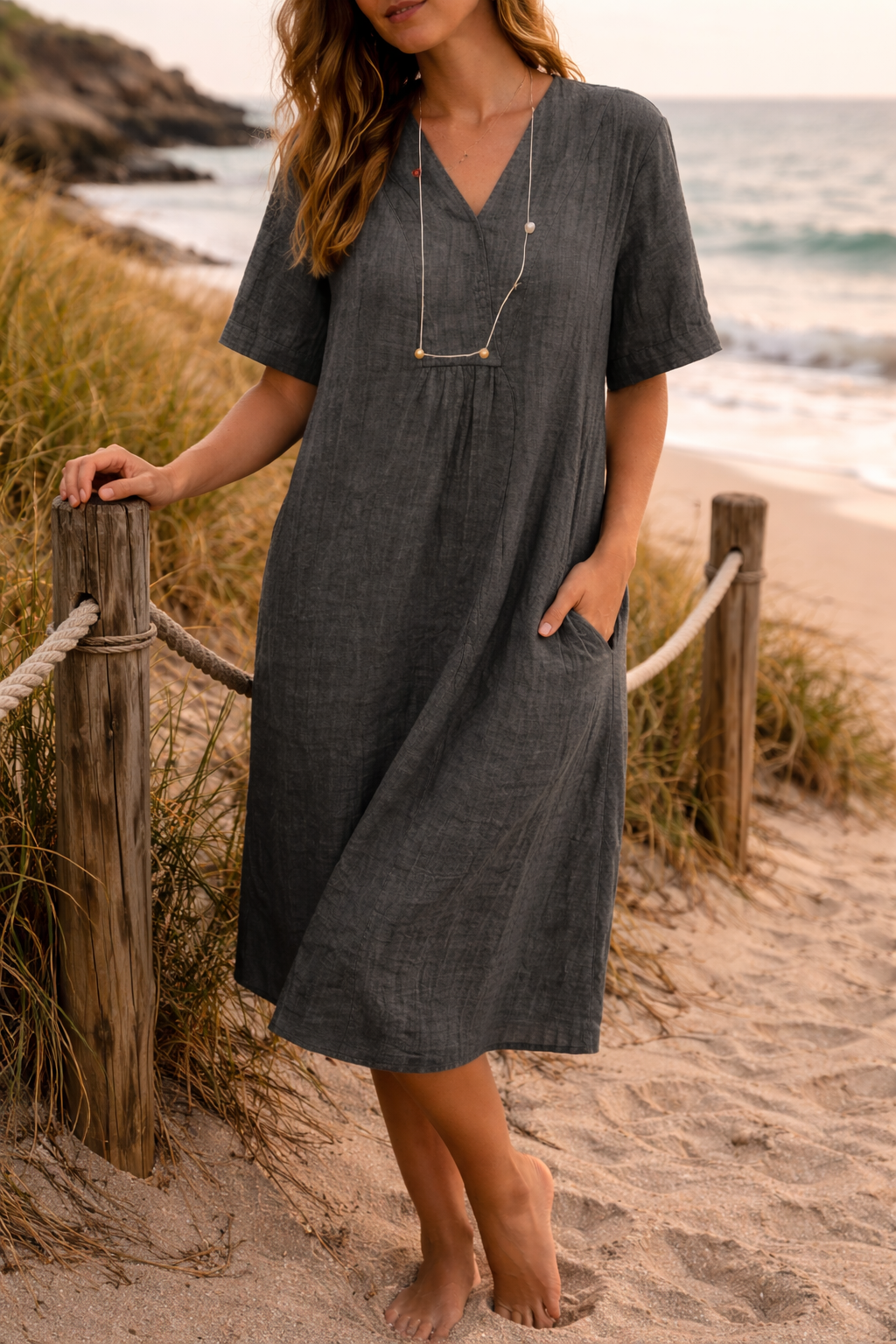 Gerda | Women's V-Neck Midi Dress Relaxed Silhouette