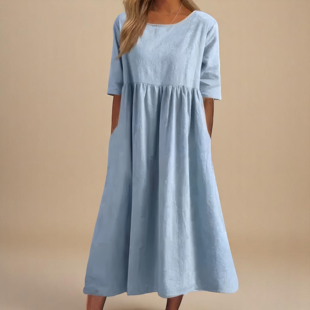 Franka | Women's Gathered-Waist Midi Dress Round Neck