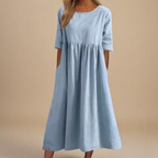 Franka | Women's Gathered-Waist Midi Dress Round Neck