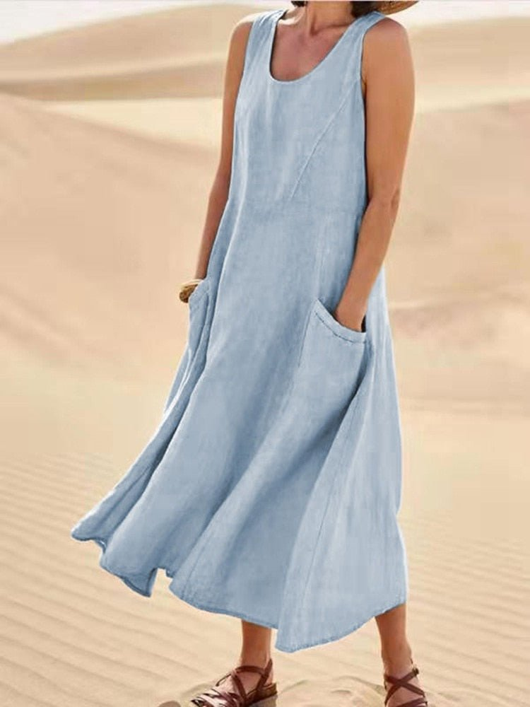 Sabine | Women's Scoop-Neck Sleeveless Midi Dress with Pockets