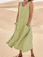 Sabine | Women's Scoop-Neck Sleeveless Midi Dress with Pockets