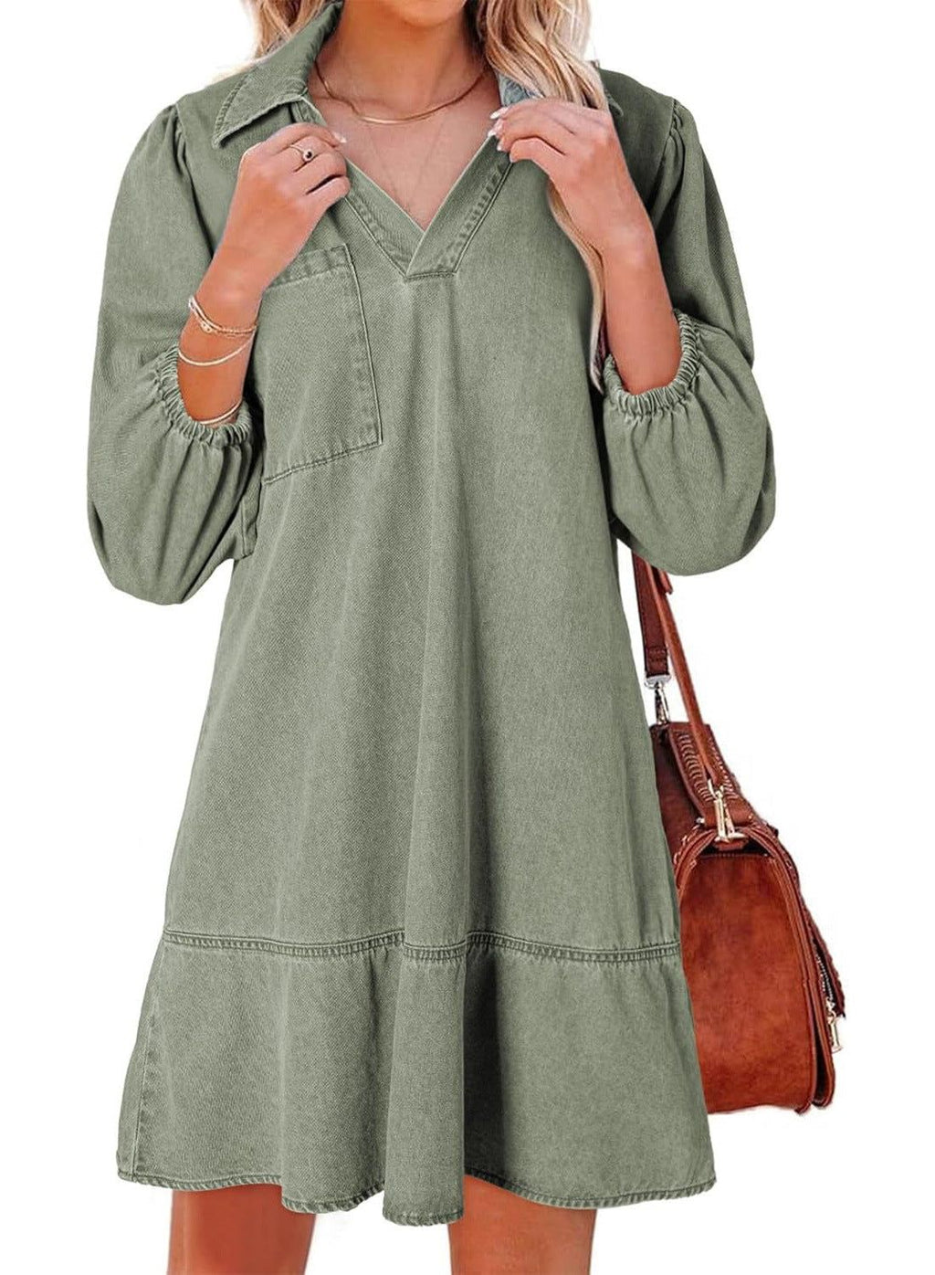 Solveig | Women's V-Neck Puff Sleeve Babydoll Dress