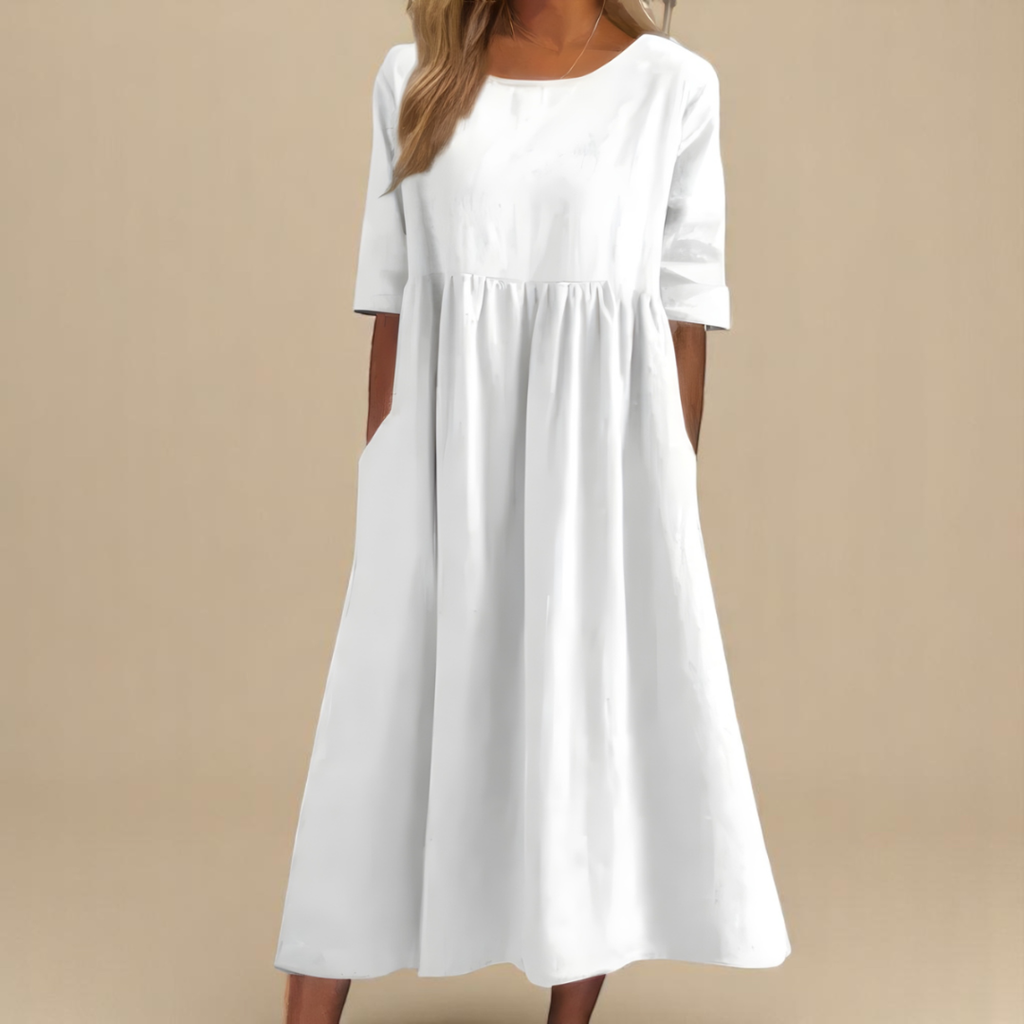Franka | Women's Gathered-Waist Midi Dress Round Neck