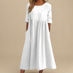 Franka | Women's Gathered-Waist Midi Dress Round Neck