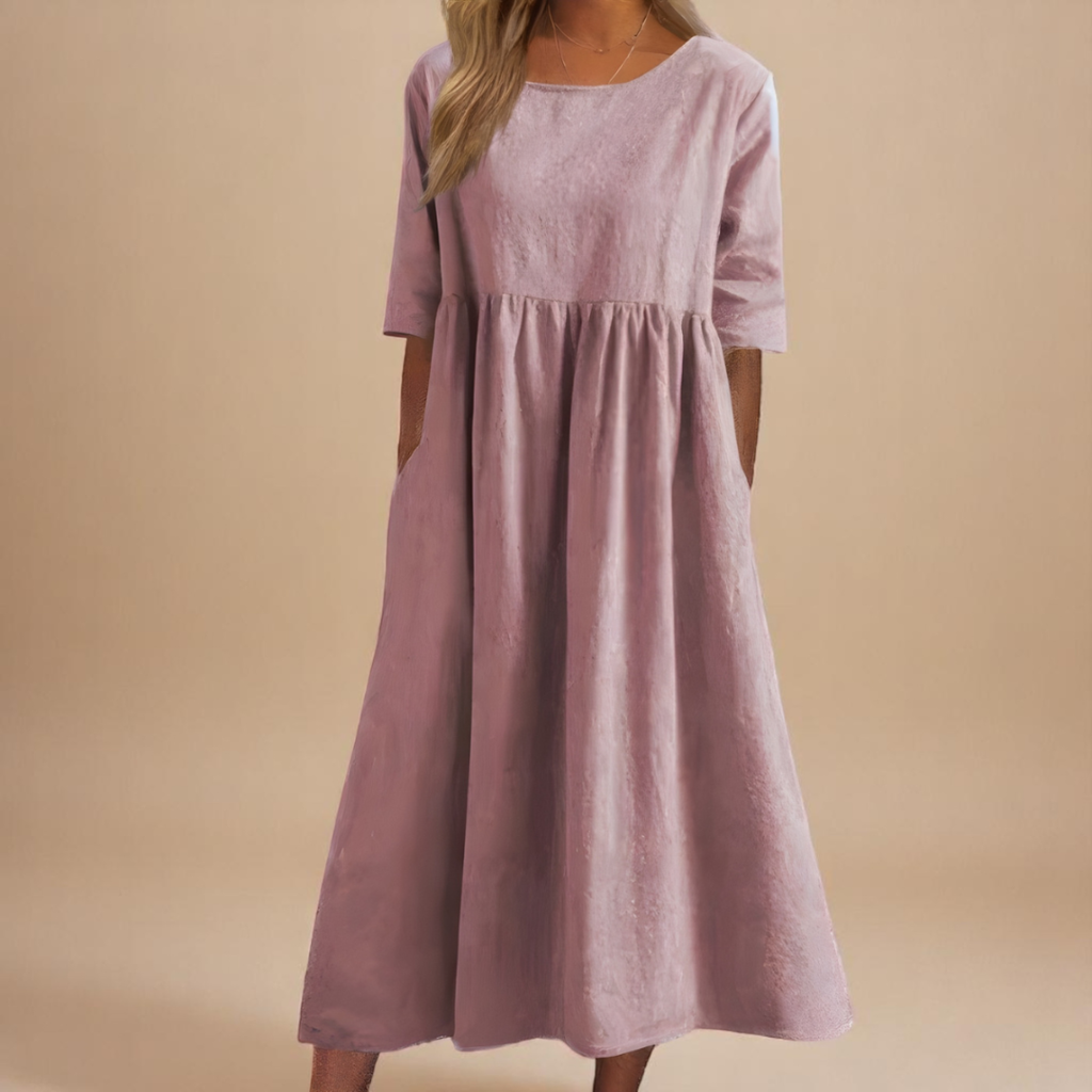 Franka | Women's Gathered-Waist Midi Dress Round Neck