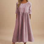 Franka | Women's Gathered-Waist Midi Dress Round Neck