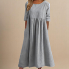 Franka | Women's Gathered-Waist Midi Dress Round Neck