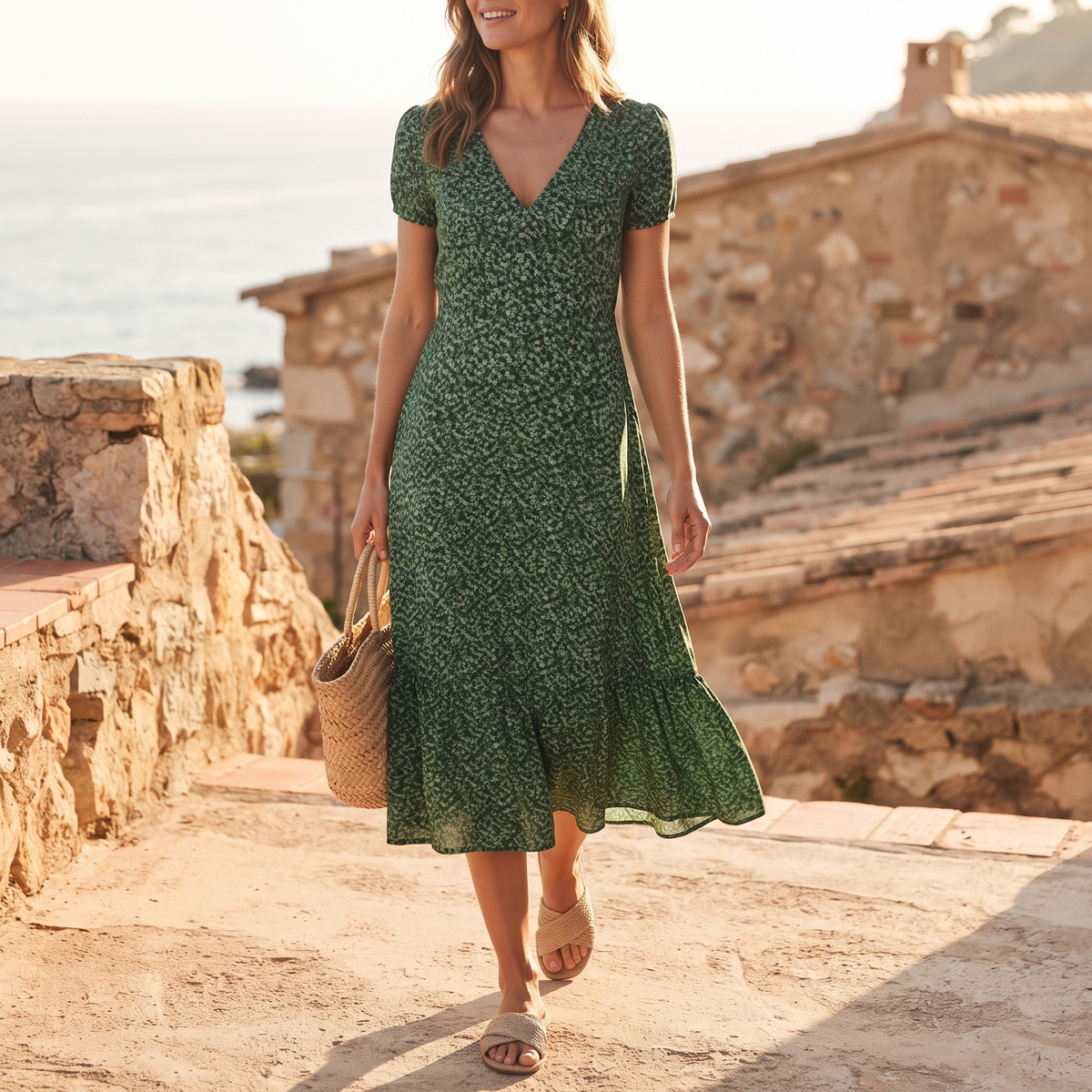 Pauline | Women's V-Neck Puff-Sleeve Swing Midi Dress