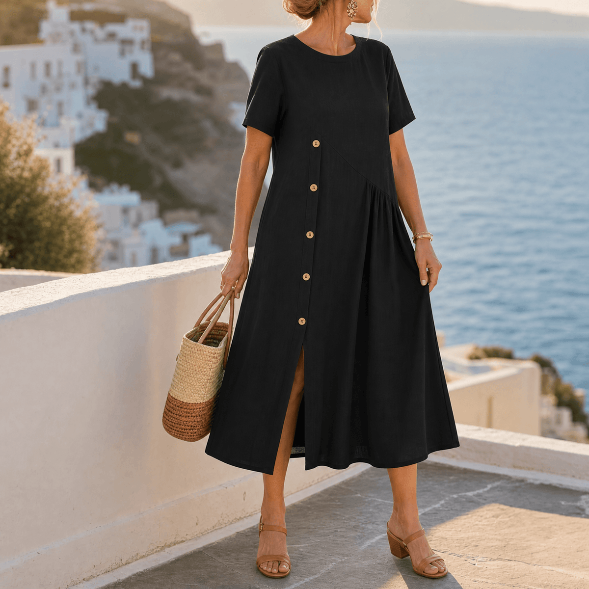 Lea | Women's Asymmetric Button-Front A-Line Midi Dress
