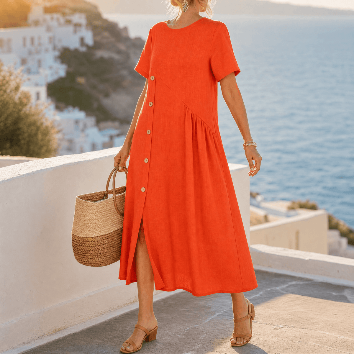 Lea | Women's Asymmetric Button-Front A-Line Midi Dress