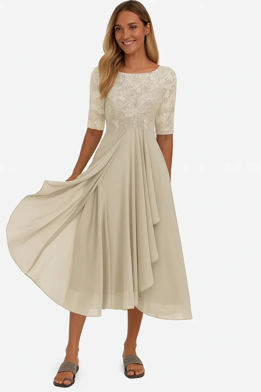 Melanie | Women's A-Line Midi Dress with Lace Detail